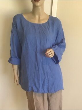Eileen Fisher Light Blue Irish Linen Roll Tab LS Sleeve Boxy Shirt Top L